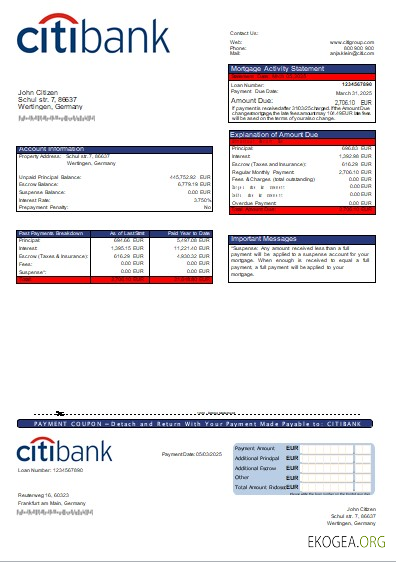 Allemagne Relevé hypothécaire de la banque Citibank scr